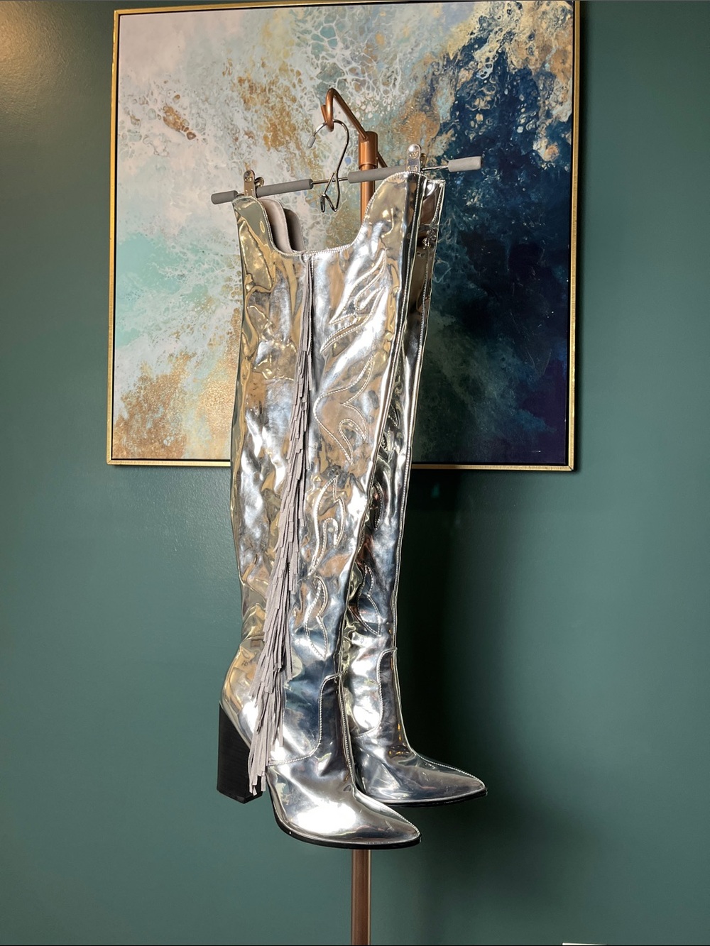 Silver Metallic Over-the-Knee Block Heel Cowgirl Boots - Picture 2 of 9